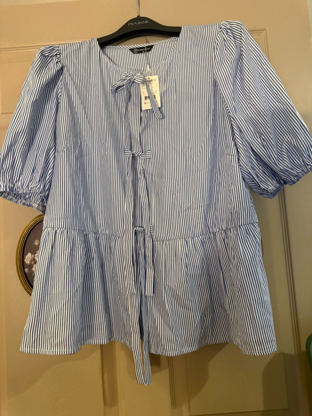 Women’s Blue & White Striped Tie-Front Peplum Top